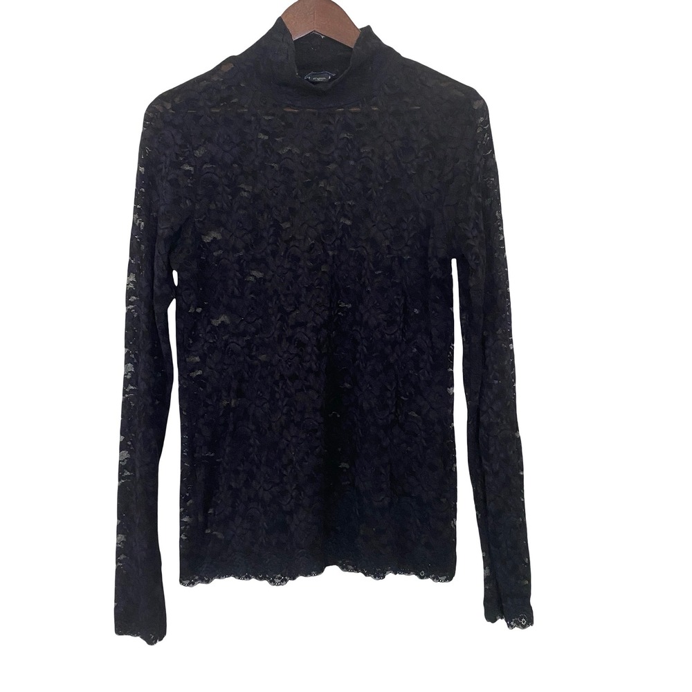 Moda International Women Top L Black Lace Mock Neck Long Sleeve Sheer Floral